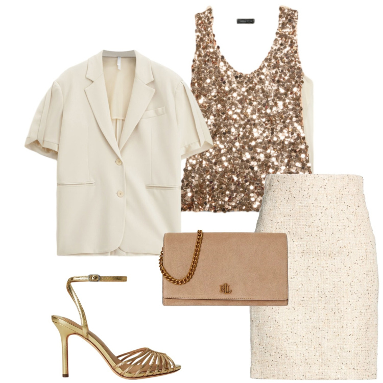 Outfit donna - Total look #2422986. Stile Glamour per Cerimonia. Abbinamento con minigonne, blazer, top, borse a tracolla, sandali in pelle.