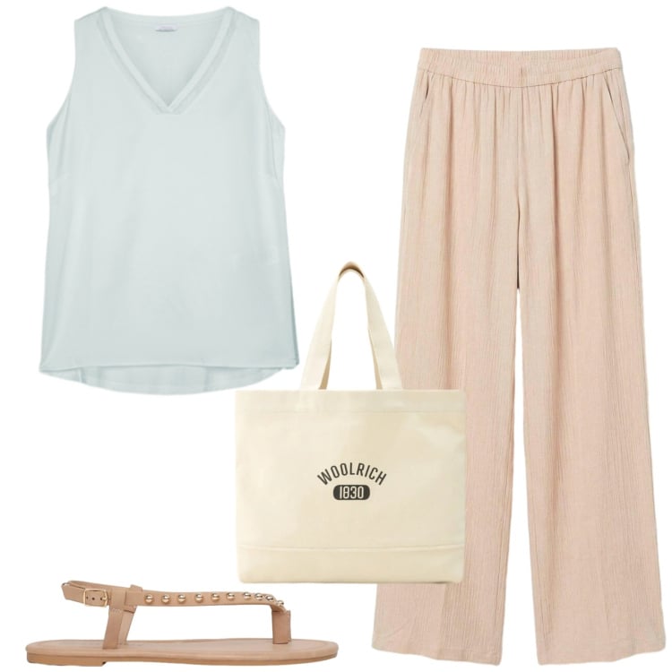 Outfit donna - Total look #2422992. Stile Basic per Tutti i giorni. Abbinamento con pantaloni a palazzo, ciabatte, borse tote, top.