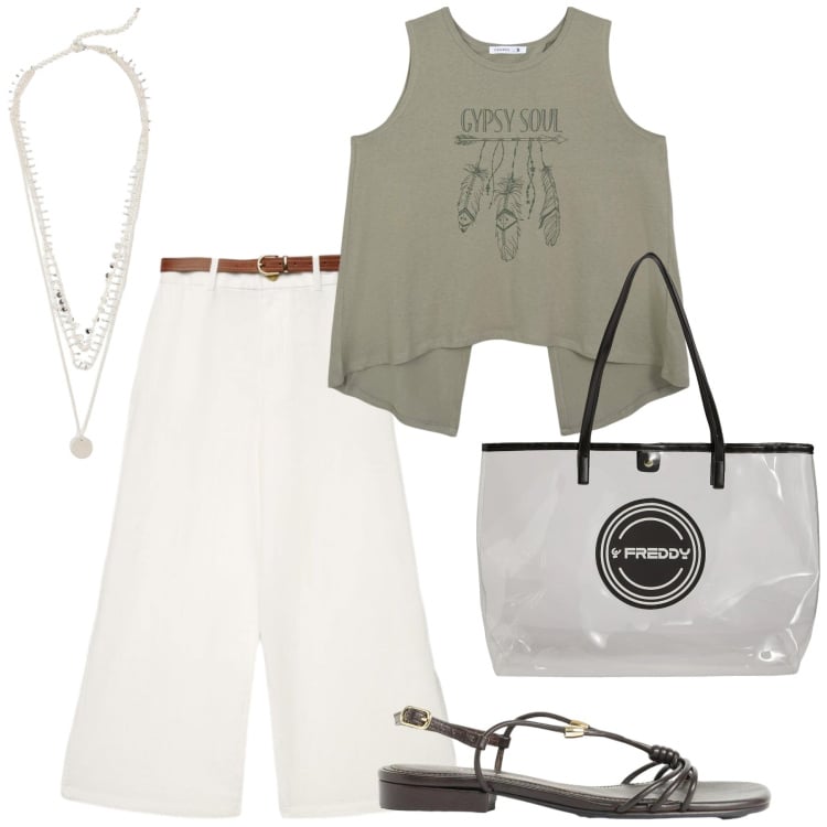 Outfit donna - Total look #2422999. Stile Casual per Tutti i giorni. Abbinamento con sandali, collane, pantaloni a palazzo, canottiere, shopping bag.