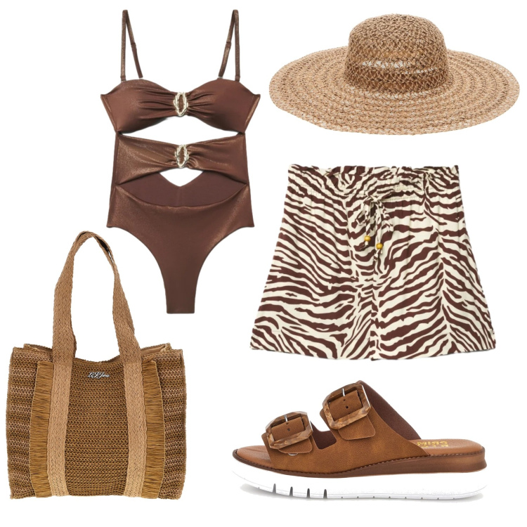 Outfit donna - Total look #2423002. Stile Casual chic per Mare. Abbinamento con shorts, costumi interi, borse a spalla, cappelli, ciabatte.