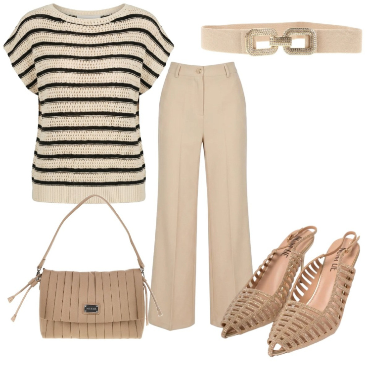 Outfit donna - Summer Confidence : in ufficio. Stile Trendy per Ufficio. Abbinamento con scarpe col tacco, pantaloni, top, pochette, cinture.