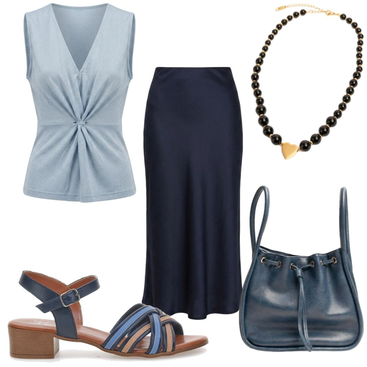 Outfit donna - Summer Confidence: tra amiche. Stile Trendy per Serata fuori. Abbinamento con top, ciondoli, gonne longuette, borse a secchiello, sandali col tacco.