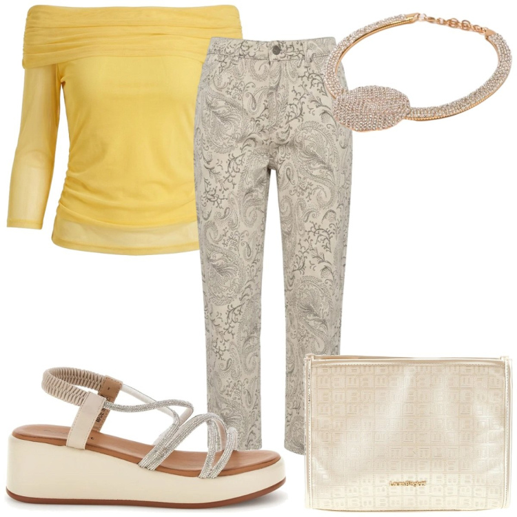 Outfit donna - Summer Confidence: curvy glamour. Stile Glamour per Tutti i giorni. Abbinamento con jeans, collane, top, pochette, sandali.