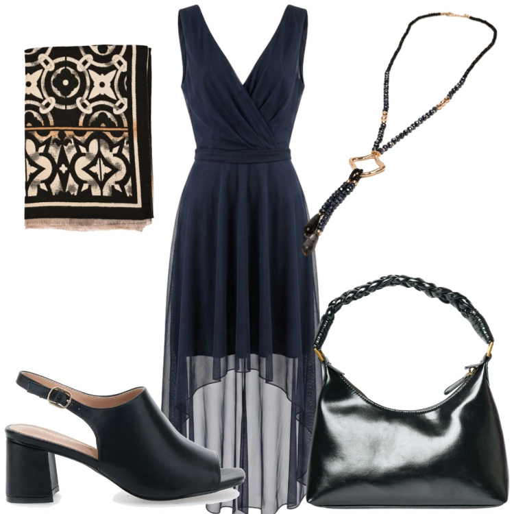 Outfit donna - Summer Confidence: sexy total black. Stile Sexy per Serata fuori. Abbinamento con borse a mano, collane, vestiti asimmetrici, sciarpe, sandali col tacco.