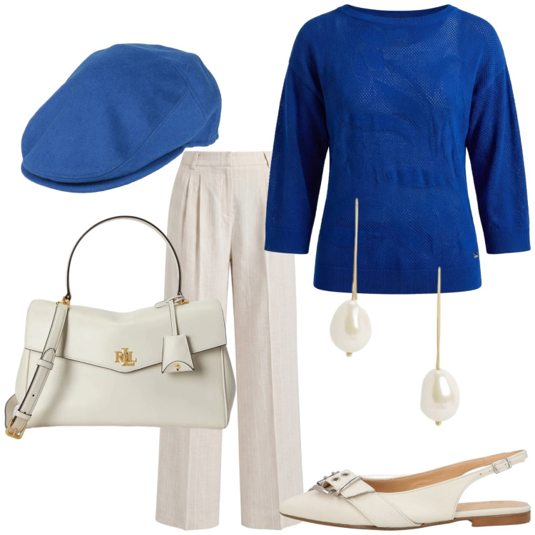 Outfit donna - Total look #2423009. Stile Casual chic per Ufficio. Abbinamento con cappelli, ballerine, maglieria, pantaloni, borse a mano, orecchini.