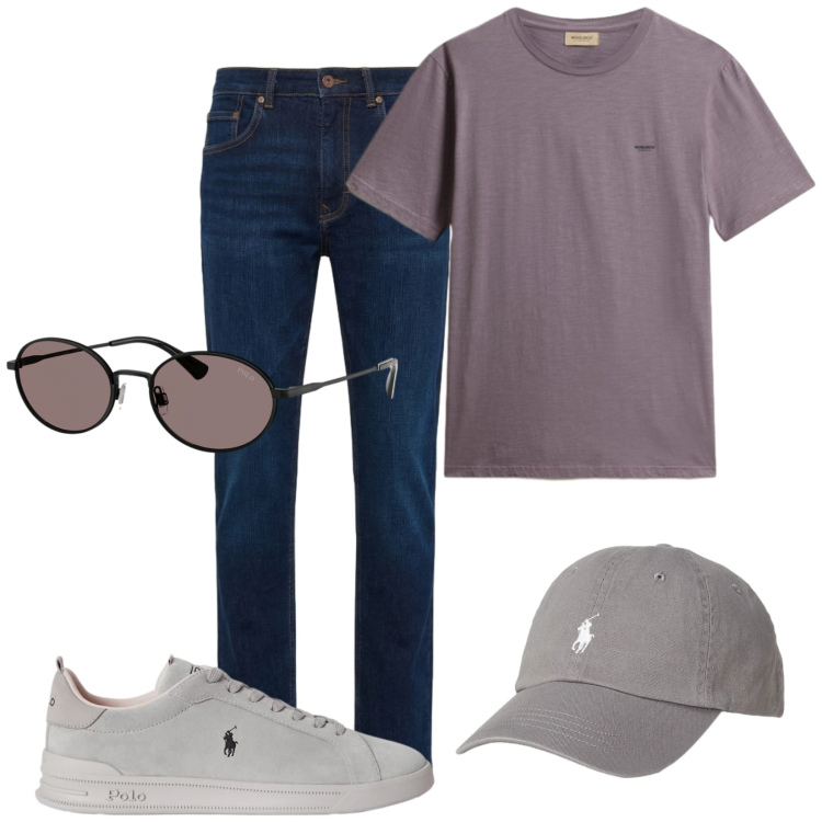 Outfit uomo - Total look #2423011. Stile Casual per Tutti i giorni. Abbinamento con jeans, t-shirt, occhiali da sole, sneakers, cappelli con visiera.