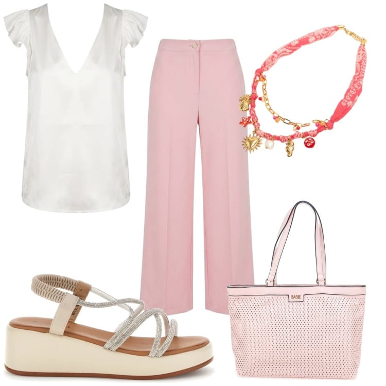 Outfit donna - Summer Confidence in rosa. Stile Trendy per Tutti i giorni. Abbinamento con collane, pantaloni a palazzo, top, borse a spalla, sandali.