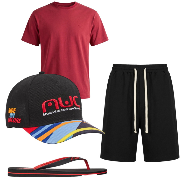 Outfit uomo - Total look #2423029. Stile Casual per Mare. Abbinamento con cappelli con visiera, pantaloni corti, t-shirt, sandali.
