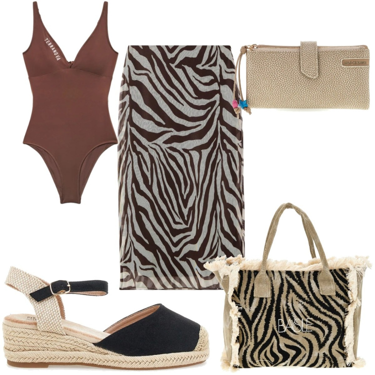 Outfit donna - Terranova Beach State of Mind:safari. Stile Etnico per Mare. Abbinamento con costumi interi, gonne lunghe, zeppe, portafogli, borse a spalla.