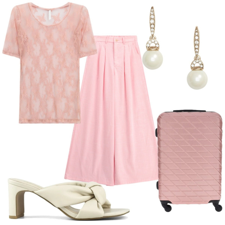 Outfit donna - Oroscopo Il cancro - romantica. Stile Romantica per Tutti i giorni. Abbinamento con t-shirt, pantaloni a palazzo, orecchini, sandali col tacco, valigie.