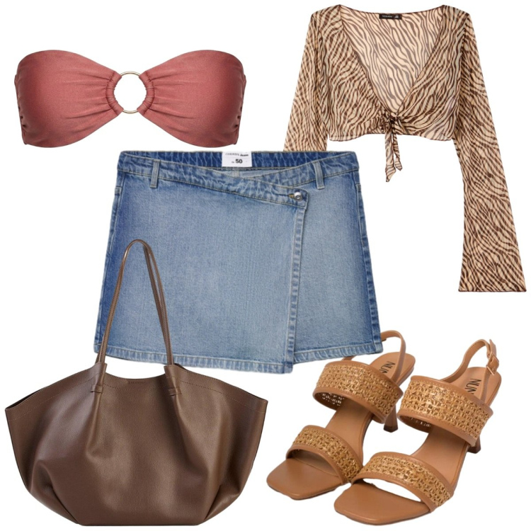 Outfit donna - Oroscopo Il cancro -etnico. Stile Etnico per Mare. Abbinamento con shopping bag, blazer, gonne, sandali in pelle, bikini.