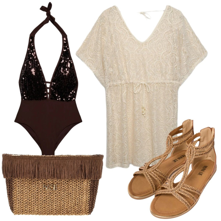 Outfit donna - Oroscopo Il cancro - curvy. Stile Etnico per Mare. Abbinamento con costumi interi, caftani, sandali in pelle, pochette.