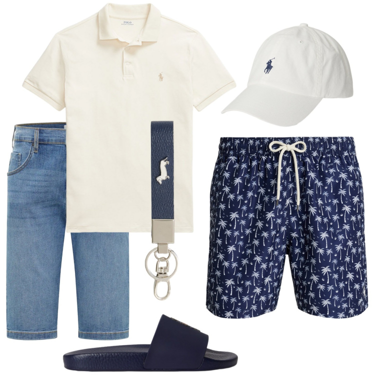 Outfit uomo - Verso la spiaggia. Stile Casual per Mare. Abbinamento con bermuda, portachiavi, polo, sandali, cappelli con visiera, costumi.