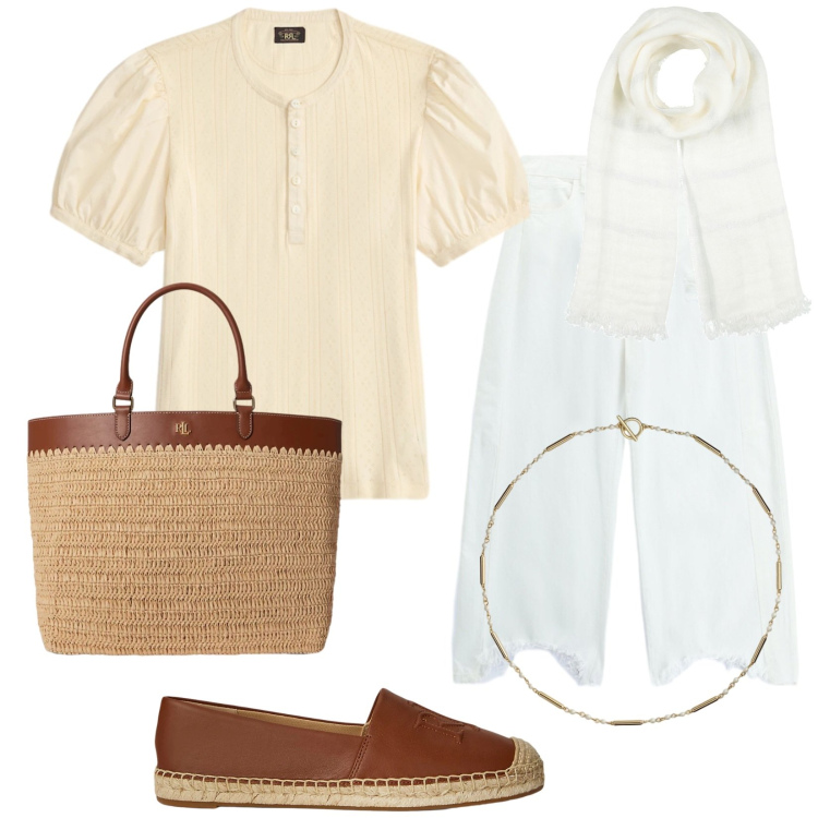 Outfit donna - Aperitivo estivo. Stile Casual chic per Tutti i giorni. Abbinamento con sciarpe, pantaloni a palazzo, bluse, espadrillas, collane, borse tote.