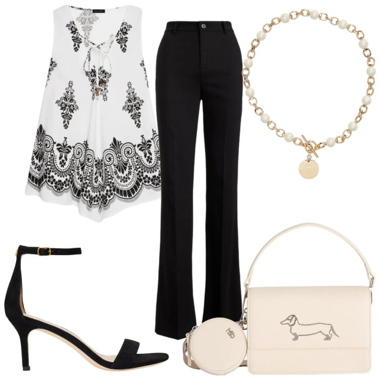 Outfit donna - Total look #2423050. Stile Glamour per Serata fuori. Abbinamento con borse a tracolla, canottiere, collane, sandali in pelle, pantaloni.