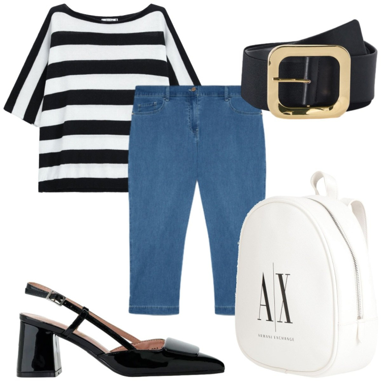 Outfit donna - Total look #2423051. Stile Casual chic per Tutti i giorni. Abbinamento con zaini, décolleté, top, cinture, jeans dritti.