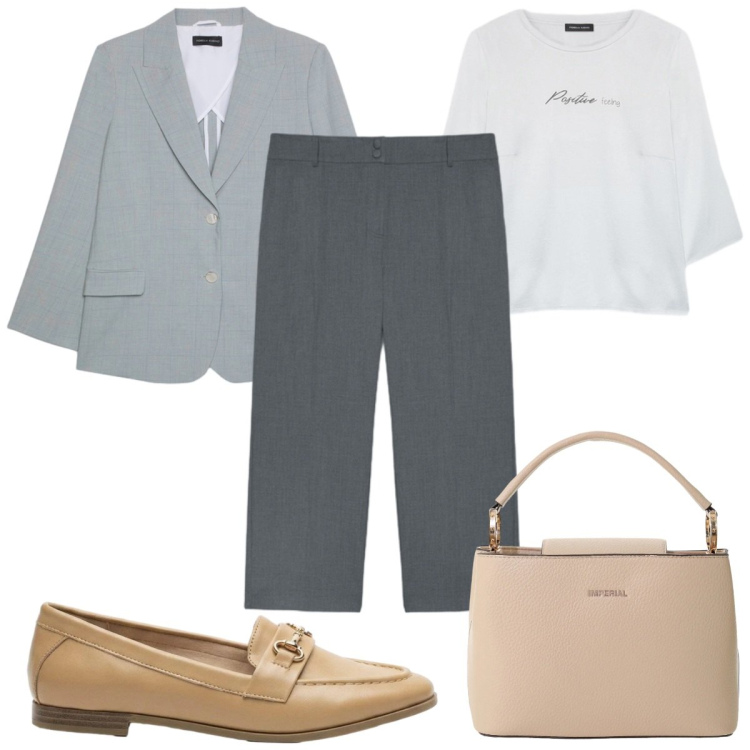 Outfit donna - Total look #2423052. Stile Mannish per Ufficio. Abbinamento con mocassini, borse a secchiello, pantaloni, bluse, blazer.