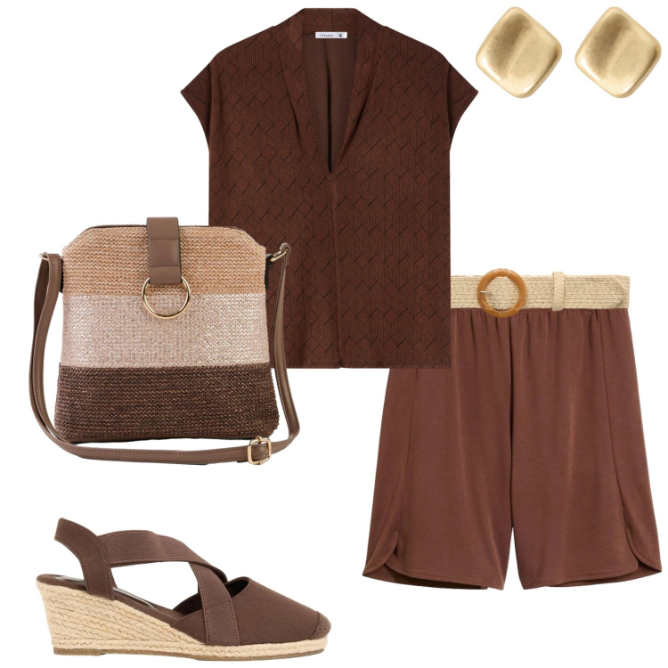 Outfit donna - In città. Stile Basic per Tutti i giorni. Abbinamento con borse a tracolla, bermuda, zeppe, bluse, cinture, orecchini.