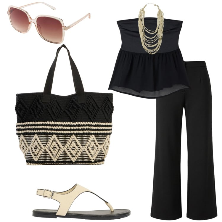 Outfit donna - Casual chic. Stile Casual chic per Tutti i giorni. Abbinamento con occhiali da sole, infradito, shopping bag, pantaloni, top, collane.