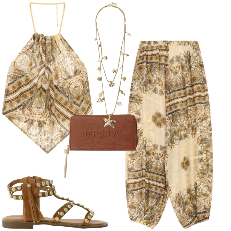 Outfit donna - Imperial. Stile Casual chic per Tutti i giorni. Abbinamento con pantaloni, portafogli, sandali, collane, top.