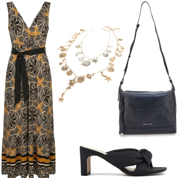 Outfit donna - Serata etnica. Stile Etnico per Serata fuori. Abbinamento con vestiti lunghi, ciondoli, sandali col tacco, borse a tracolla.