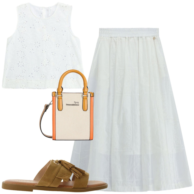 Outfit donna - Romantica. Stile Casual chic per Serata fuori. Abbinamento con borse tote, top, sandali, gonne lunghe.