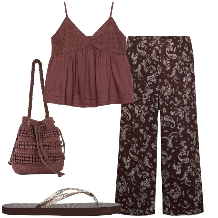 Outfit donna - Total look #2423087. Stile Basic per Tutti i giorni. Abbinamento con borse a secchiello, canottiere, infradito, pantaloni.