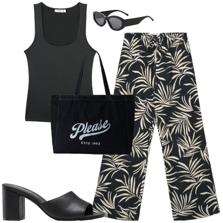 Outfit donna - City. Stile Casual chic per Tutti i giorni. Abbinamento con occhiali da sole, sandali col tacco, canottiere, pantaloni, shopping bag.