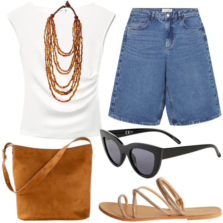 Outfit donna - In viaggio con le amiche. Stile Casual per Tutti i giorni. Abbinamento con borse a mano, occhiali da sole, top, sandali, bermuda, collane.
