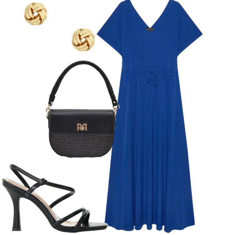 Outfit donna - City. Stile Urban per Tutti i giorni. Abbinamento con sandali col tacco, borse a spalla, vestiti lunghi, orecchini.