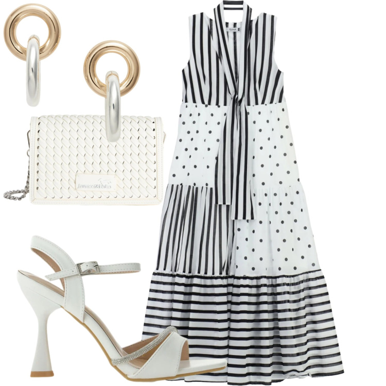Outfit donna - Please. Stile Urban per Tutti i giorni. Abbinamento con borse a tracolla, sandali gioiello, vestiti lunghi, orecchini.