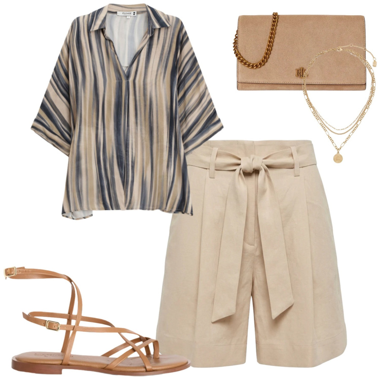 Outfit donna - City. Stile Casual chic per Tutti i giorni. Abbinamento con sandali in pelle, bermuda, camicie, ciondoli, borse a tracolla.