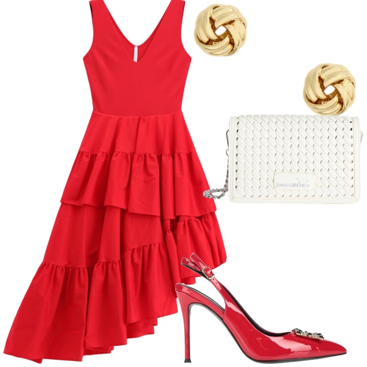 Outfit donna - Red. Stile Glamour per Tutti i giorni. Abbinamento con décolleté, borse a tracolla, vestiti midi/longuette, orecchini.