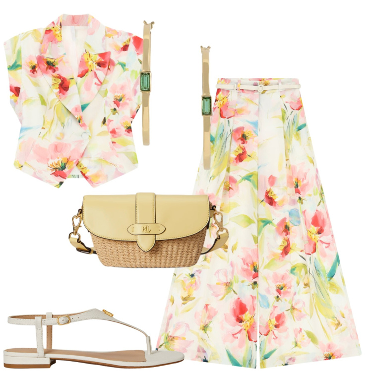 Outfit donna - Floral fresh. Stile Romantica per Tutti i giorni. Abbinamento con top, pantaloni a palazzo, sandali in pelle, borse a tracolla, orecchini.