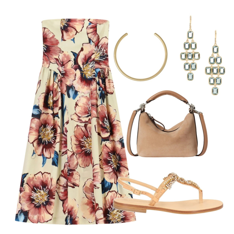Outfit donna - Aperitivo d\'estate. Stile Chic per Serata fuori. Abbinamento con infradito, vestiti midi/longuette, borse a spalla, orecchini, collane.