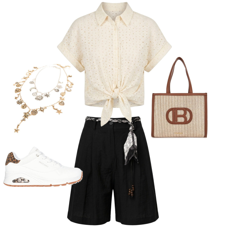 Outfit donna - Passeggiando in citta. Stile Casual per Tutti i giorni. Abbinamento con camicie a manica corta, bermuda, ciondoli, borse a spalla, sneakers alte.