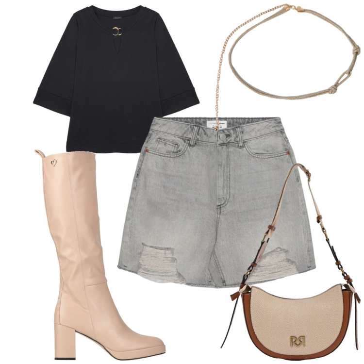 Outfit donna - Total look #2423150. Stile Trendy per Tutti i giorni. Abbinamento con stivali, shorts, borse a tracolla, cinture, felpe.