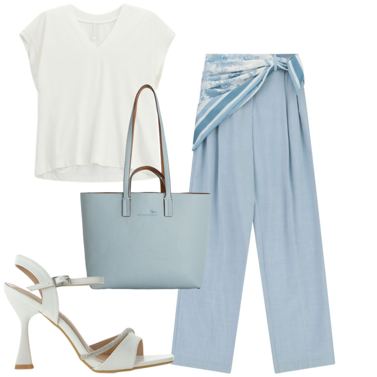 Outfit donna - City. Stile Trendy per Tutti i giorni. Abbinamento con shopping bag, pantaloni a palazzo, top, sandali gioiello.