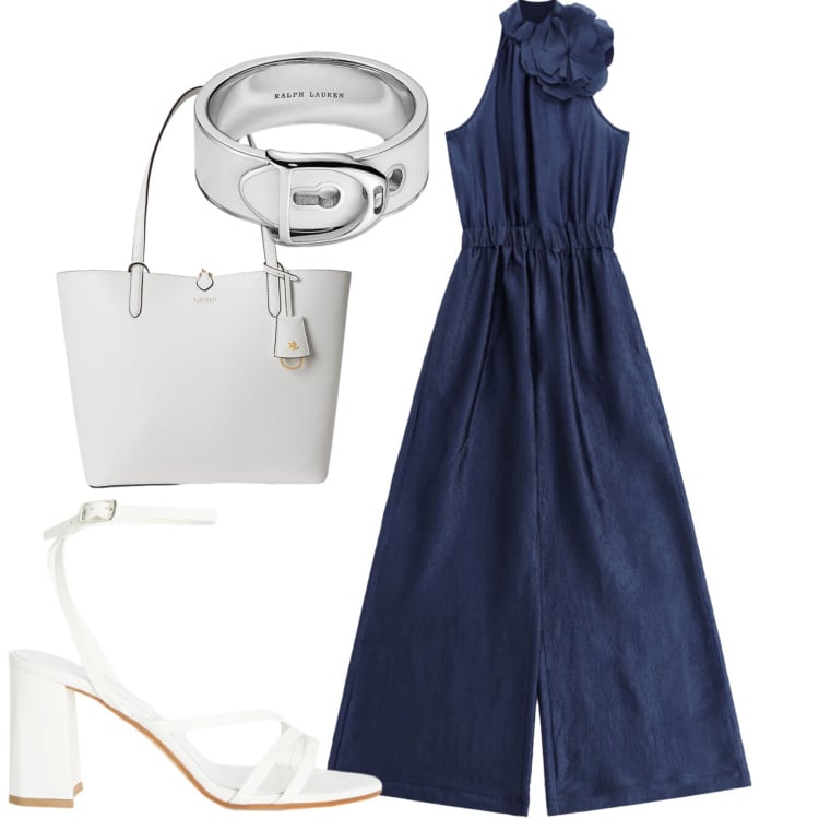 Outfit donna - Bianco e blu. Stile Casual chic per Tutti i giorni. Abbinamento con sandali in pelle, tute, anelli, borse tote.