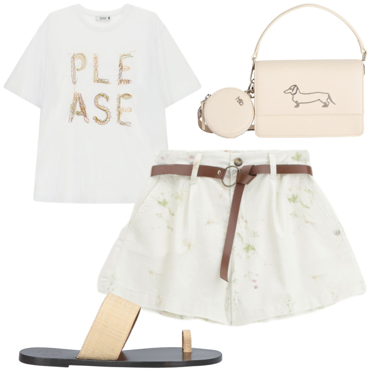 Outfit donna - Mare. Stile Casual chic per Mare. Abbinamento con ciabatte, borse a tracolla, t-shirt, shorts.