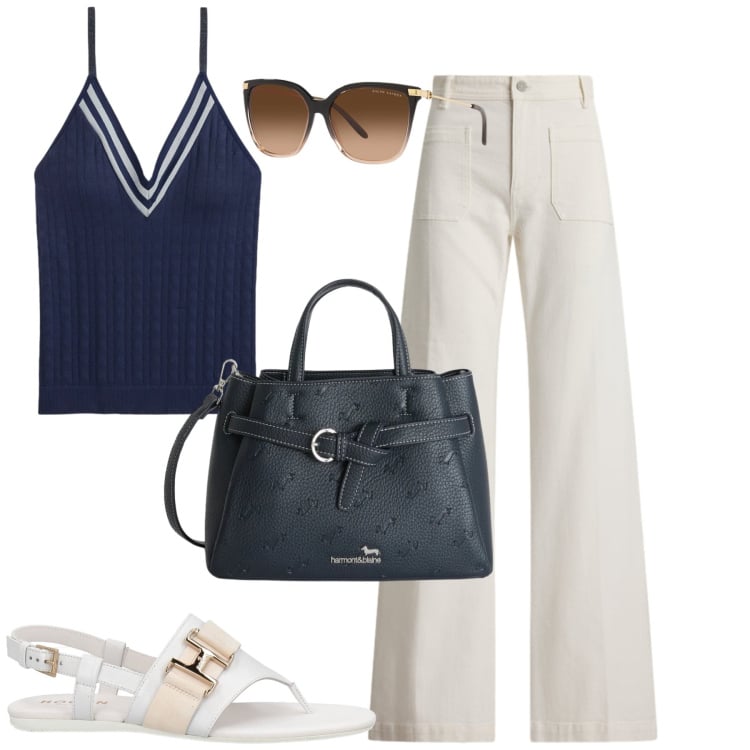 Outfit donna - City. Stile Casual chic per Tutti i giorni. Abbinamento con infradito, borse a mano, occhiali da sole, jeans, canottiere.