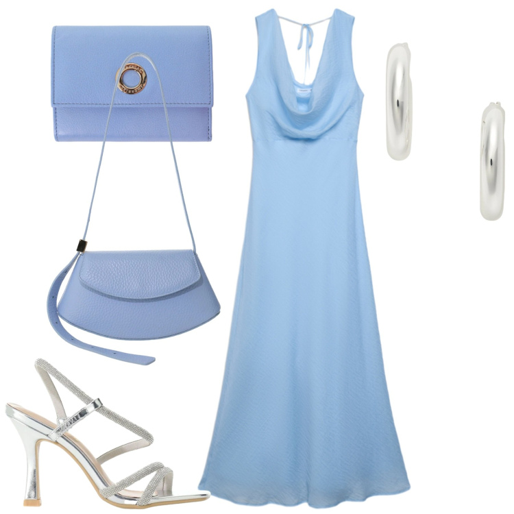Outfit donna - Serata. Stile Chic per Serata fuori. Abbinamento con vestiti lunghi, portafogli, sandali col tacco, borse a spalla, orecchini.