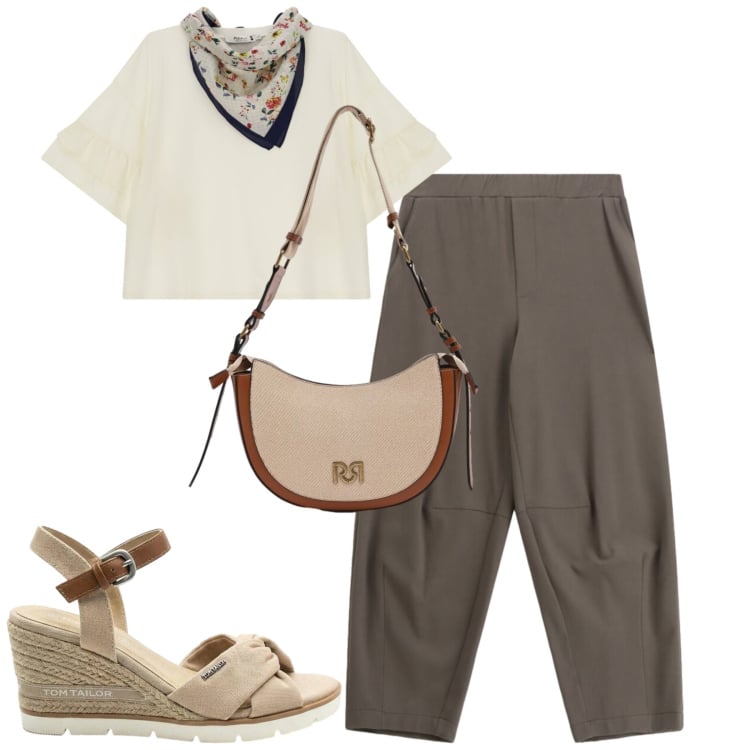 Outfit donna - Total look #2423175. Stile Casual per Tutti i giorni. Abbinamento con sandali col tacco, pantaloni a palazzo, top, borse a tracolla.