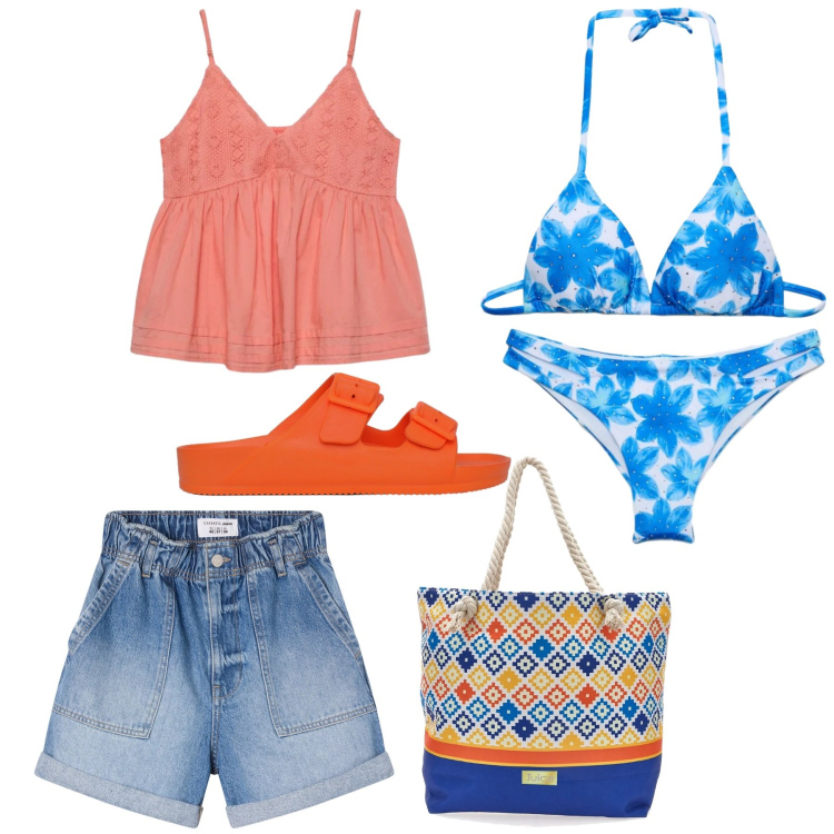 Outfit donna - Total look #2423179. Stile Casual per Mare. Abbinamento con shorts, bikini, bikini, ciabatte, canottiere, shopping bag.