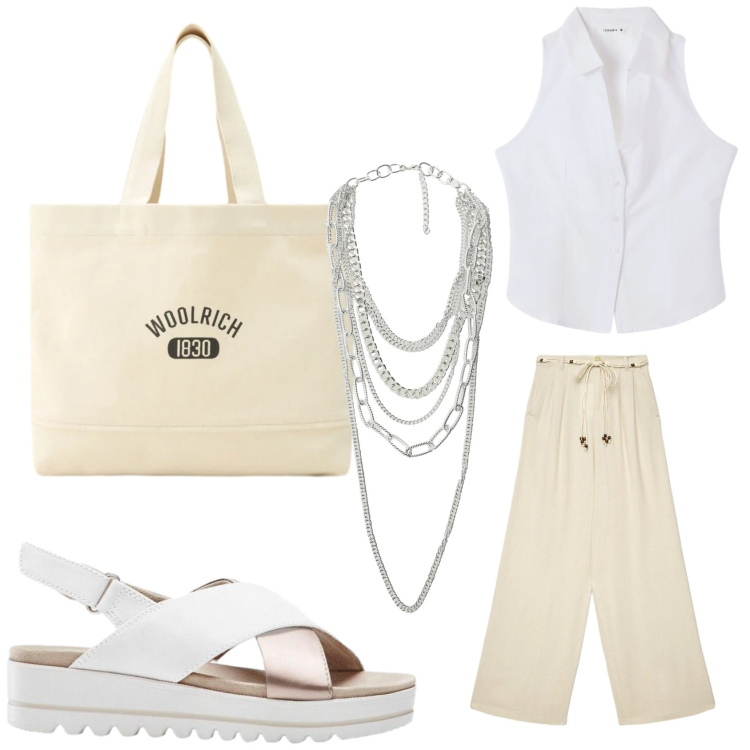 Outfit donna - Giugno in citta\'. Stile Casual per Tutti i giorni. Abbinamento con sandali, pantaloni, top, collane, borse tote.