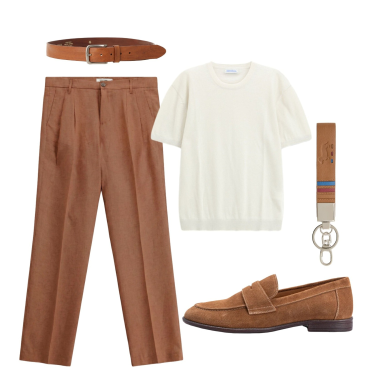 Outfit uomo - Eleganza minimal. Stile Casual per Tutti i giorni. Abbinamento con portachiavi, scarpe stringate, t-shirt, pantaloni, cinture.