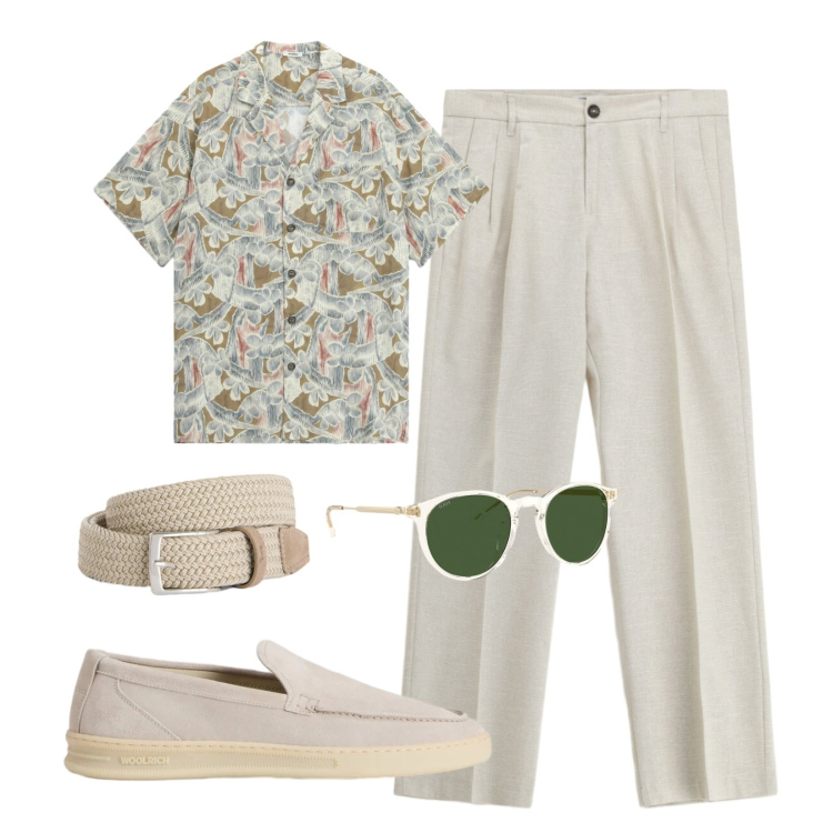 Outfit uomo - Minimal sofisticato. Stile Trendy per Tutti i giorni. Abbinamento con cinture, scarpe stringate, occhiali da sole, pantaloni, camicie a manica corta.