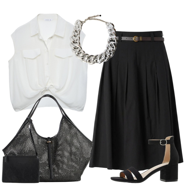 Outfit donna - Quel tocco strong. Stile Chic per Tutti i giorni. Abbinamento con shopping bag, sandali col tacco, camicie a manica corta, gonne longuette, collane.