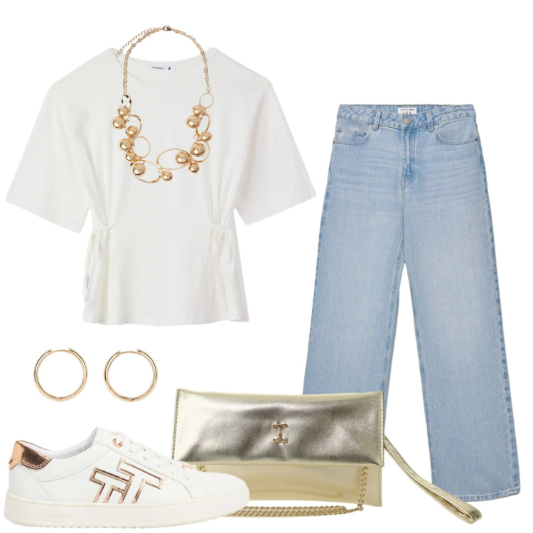 Outfit donna - Da mattina a sera. Stile Casual chic per Tutti i giorni. Abbinamento con orecchini, sneakers, t-shirt, jeans, collane, borse a tracolla.