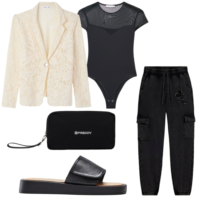 Outfit donna - Effetto snellente. Stile Casual per Serata fuori. Abbinamento con ciabatte, top, blazer, valigie, pantaloni cargo.